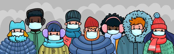 顔の医療マスクや冬服の人々のグループ 安全で暖かいコンセプトを維持します あなたのデザインの季節のイラスト — ストックベクタ