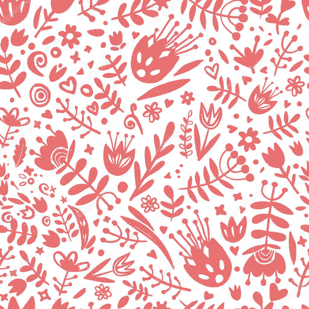 Floral seamless pattern. Hand drawn red flowers. Flower silhouettes. Botanical background. Summer garden texture.