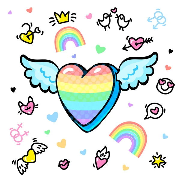 ポップアートのスタイルで虹で心を巻きました 愛の概念 ゲイの結婚 Lgbt 白い背景にバレンタインデーのグリーティングカード — ストックベクタ