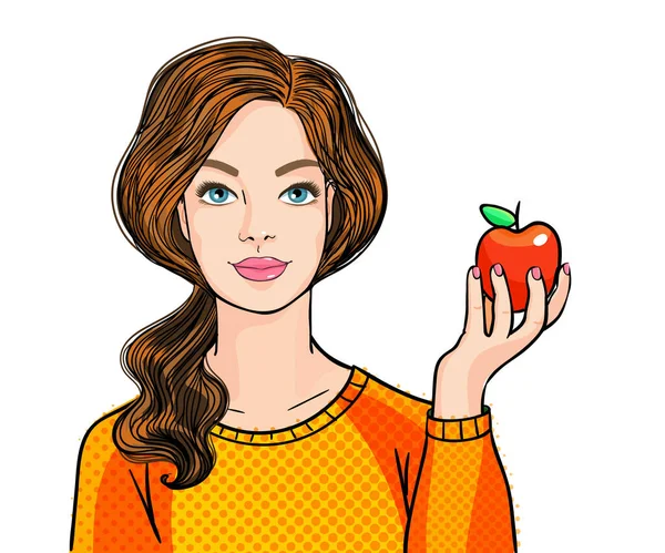 Концепція Вибору Здорового Харчування Молода Вдумлива Біла Жінка Тримає Яблуко — стоковий вектор