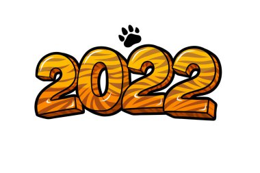 Yeni yıl partisi kartı. 2022 numara, beyaz arka planda kaplan deseni var. Düz tasarım, vektör illüstrasyonu.