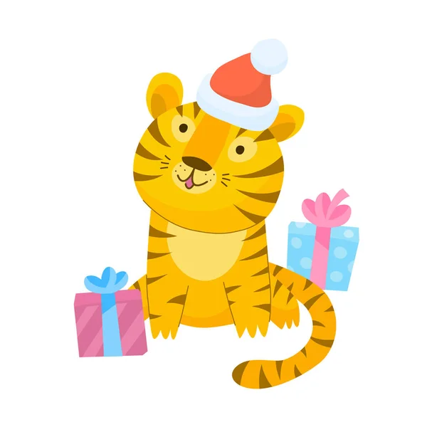 Netter Tiger Cartoon Mit Rotem Weihnachtsmann Hut Und Geschenken Auf — Stockvektor
