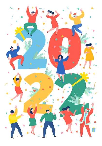 新年派对的理念 商人们在2022号街旁边跳舞 准备迎接新的一年 办公室团队正准备迎接新的一年 平面设计 矢量图解 — 图库矢量图片