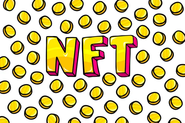 Concepto Símbolo Fungible Texto Amarillo Nft Con Monedas Sobre Fondo Vectores de stock libres de derechos