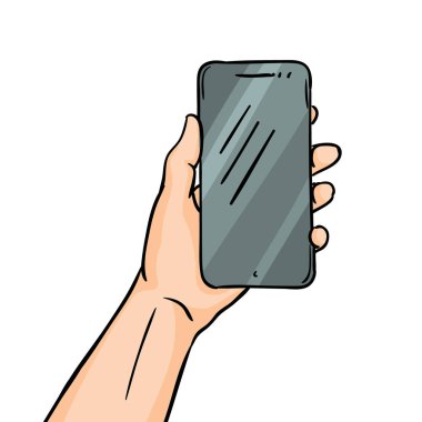 Boş ekranlı akıllı bir telefonu tutarken. Vektör renkli el çizimi eski çizgi roman tarzında.