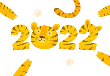 2022 numaralı şirin kaplan çizgi filmi kafası. Kaplan, 2022 yılının sembolüdür. Vektör illüstrasyonu