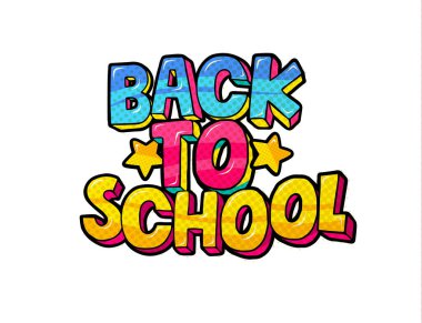 Eğitim kavramı. Okulun arka planında beyaz arka planda pop sanatıyla ilgili harfler var. Vektör illüstrasyonu.