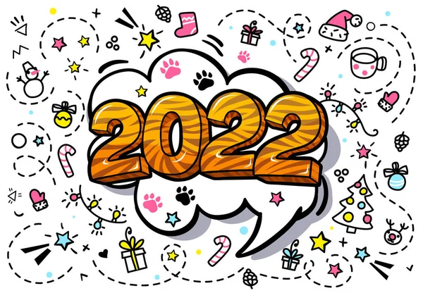 新年派对卡片 编号2022与虎图案手绘装饰白色背景 平面设计 矢量图解 — 图库矢量图片