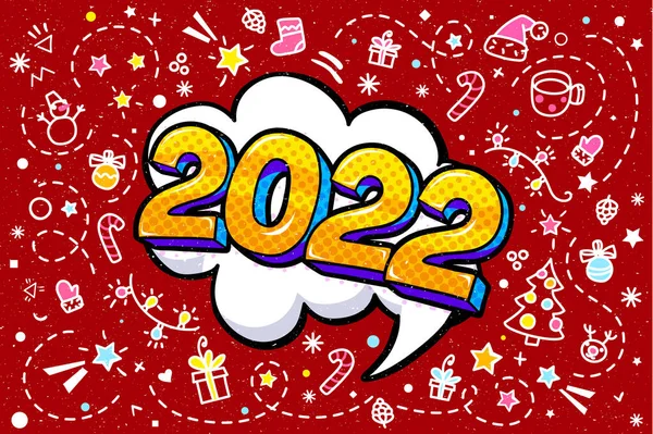 2022年新年 黄色编号2022 流行艺术风格 红色背景 手绘装饰 矢量说明 — 图库矢量图片