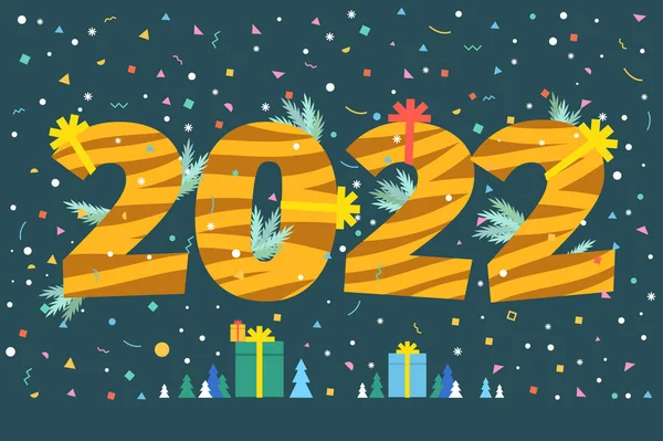 新年派对卡片 编号2022 黑色背景上有老虎图案 平面设计 矢量图解 — 图库矢量图片