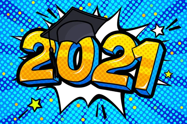 2021年毕业班的概念 数字与毕业帽流行艺术风格蓝色背景 矢量说明 — 图库矢量图片
