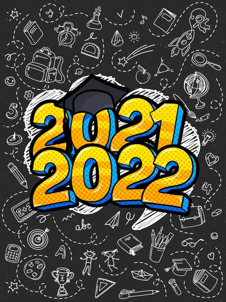 2021年至2021年毕业班的概念 数字与毕业帽在黑板上的流行艺术风格与手绘元素 矢量说明 — 图库矢量图片