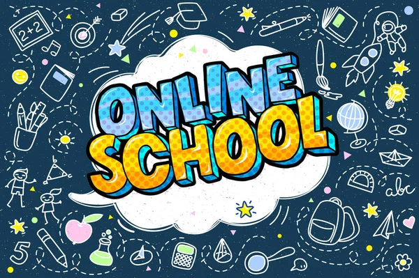 Online School Onderwijs Concept Online School Belettering Pop Art Stijl — Stockvector