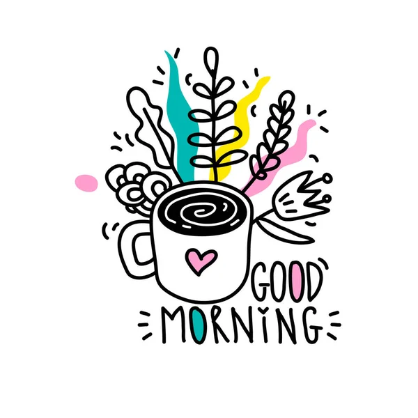 Good Morning Lettering Letters Line Art Style Cup Coffee Hand — Stock Vector