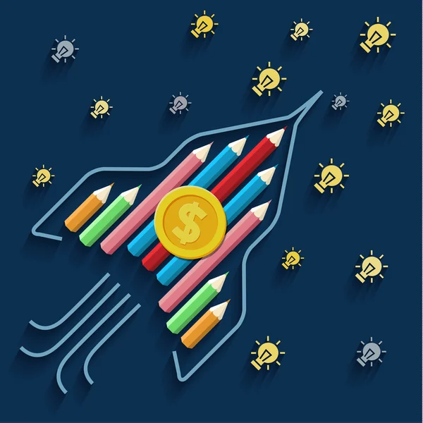 Pencils rocket with coin — Stock Vector