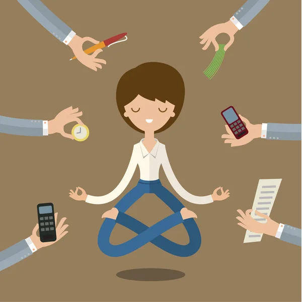 Empresaria haciendo yoga — Vector de stock