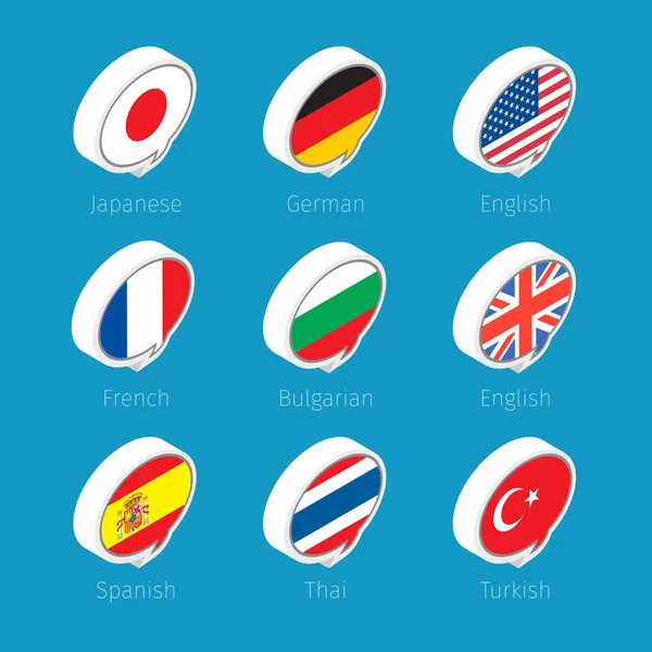 Burbujas de habla, iconos de idiomas — Vector de stock