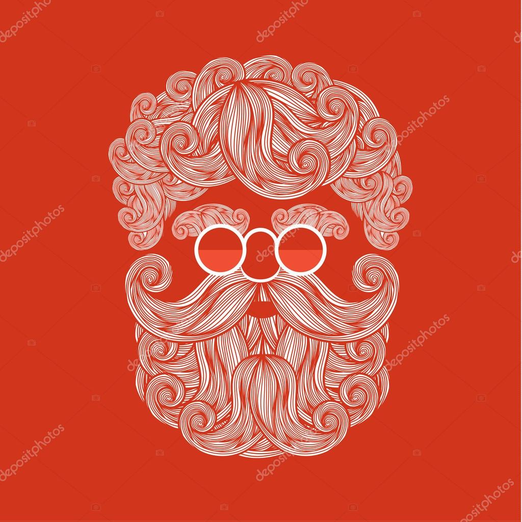 Christmas card with a beard and mustache of Santa Claus on red background. Vector illustration