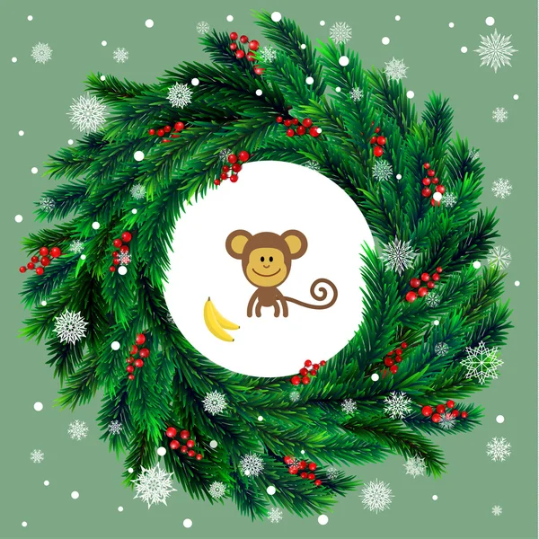 Coroană de Crăciun cu maimuță de desene animate — Vector de stoc