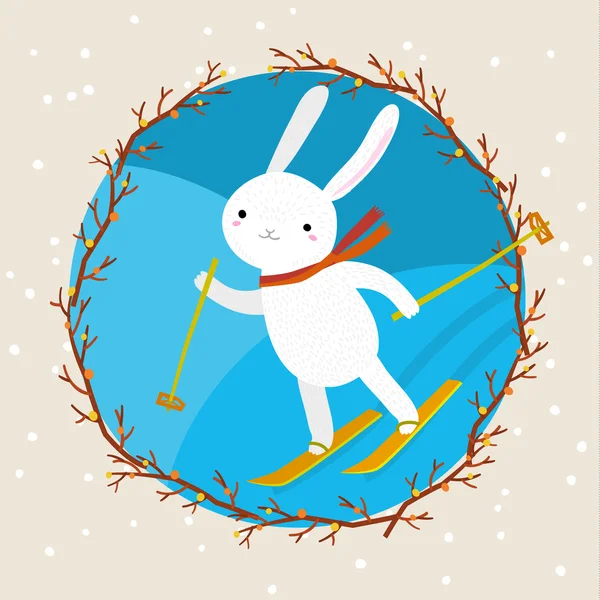 Χαριτωμένο λευκό κουνέλι, σκι — Διανυσματικό Αρχείο