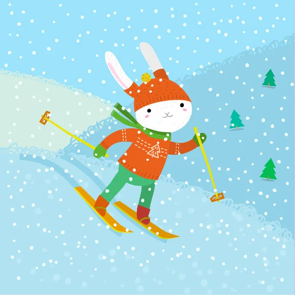 Lindo conejo blanco esquí . — Vector de stock