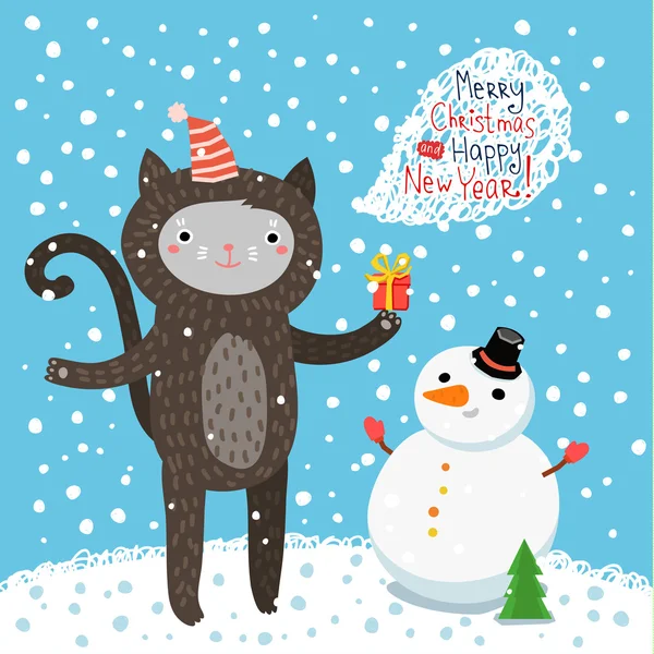 Tarjeta de Navidad con lindo gato y muñeco de nieve — Vector de stock