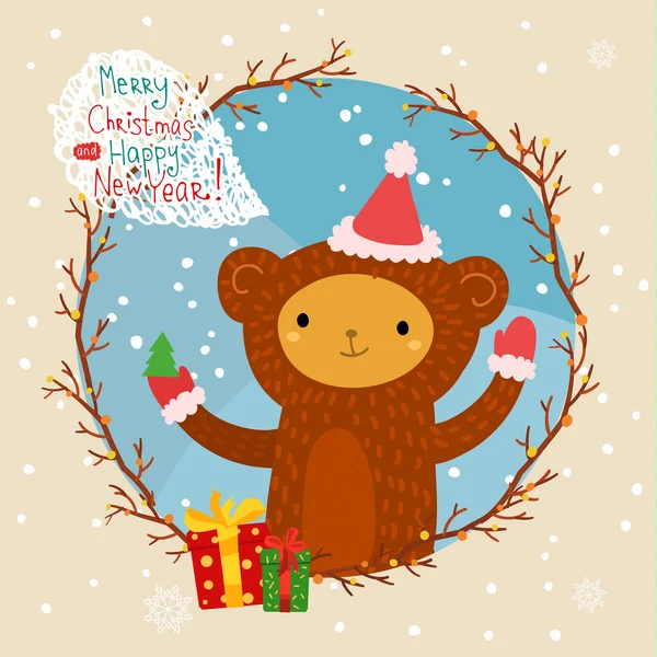 Χριστουγεννιάτικη κάρτα με μαϊμού στο κόκκινο καπέλο — Διανυσματικό Αρχείο