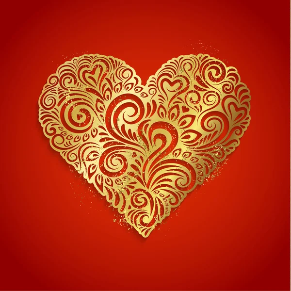 Gyllene hjärta på röd bakgrund — Stock vektor