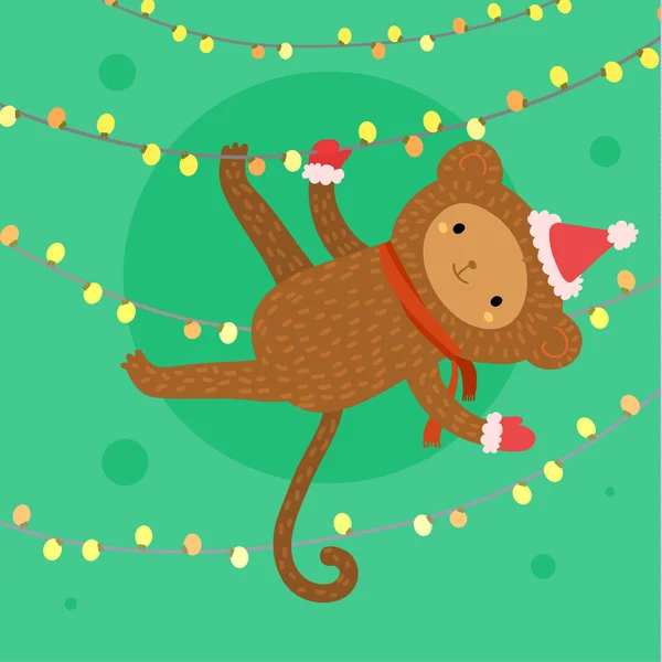 Χριστουγεννιάτικη κάρτα με μαϊμού στο κόκκινο καπέλο — Διανυσματικό Αρχείο