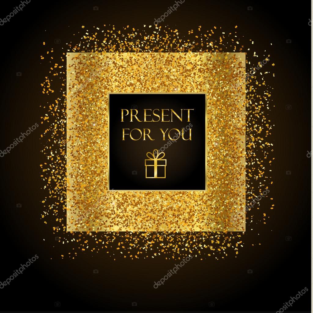 Golden frame on black background. Gold sparkles on black background. Gold glitter background