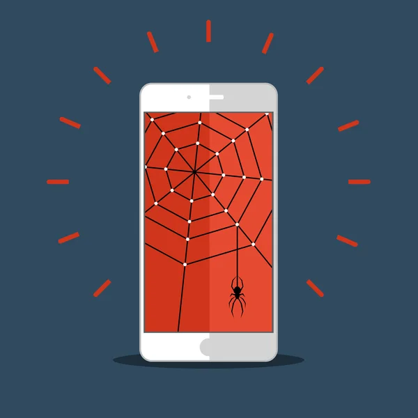 Smart phone with cobweb and spider — Stock Vector