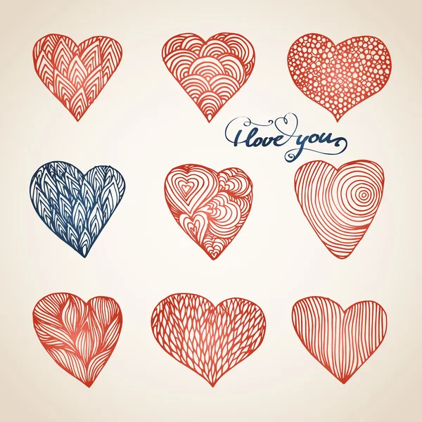 Set of hearts with patterns — Stock Vector