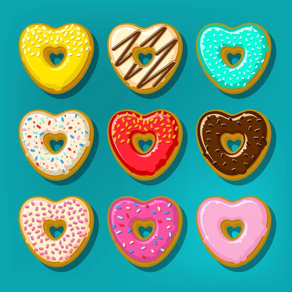 Donuts diferentes em forma de coração — Vetor de Stock