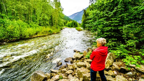 Απολαμβάνοντας τη θέα του Cayoosh Creek στο κάμπινγκ Cottonwood γυναίκα — Φωτογραφία Αρχείου