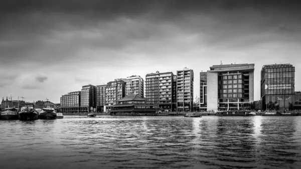 Black White Photo Modern Office Buildings Floating Chinese Restaurant Harbor — Stock Photo, Image