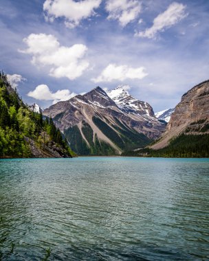 The turquoise water of Kinney Lake in Robson Provincial Park in the Canadian Rockies in British Columbia, Canada. Whitehorn Mountain and Cinnamon Peak in the background