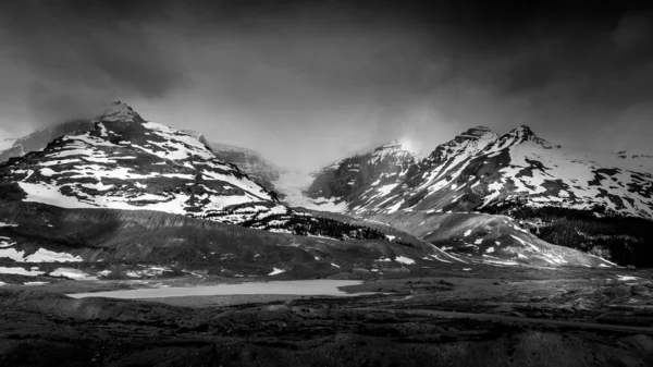 Černobílá Fotografie Ledovce Sněžného Dómu Okolních Hor Columbia Icefields Jasper — Stock fotografie