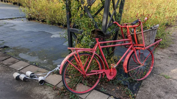 Bicyclewith vermelho velho com uma cesta acima da frente e arrastando latas do casamento atrás — Fotografia de Stock