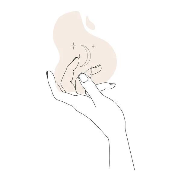 手に星と月 魔法のシンボルのラインアートの概念 抽象的な形状の線形神秘的な手 手描きの密教的要素 白い背景のベクトルイラスト — ストックベクタ