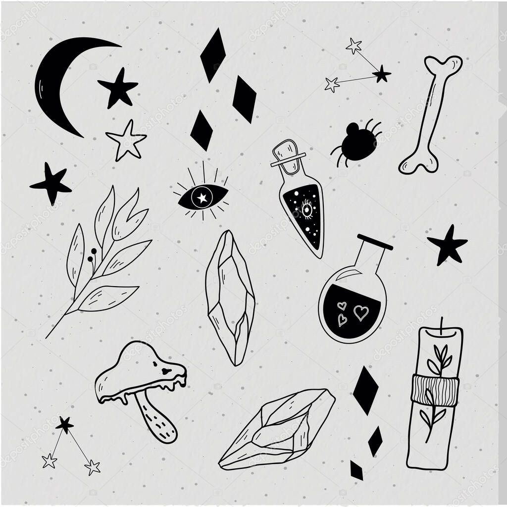 Halloween symbols on grey background. Mystery illustration vector. Occult vector set.