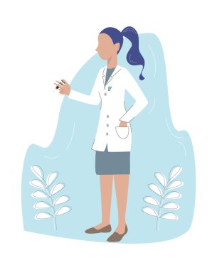 Elinde şırıngayla yassı karakter doktoru. Virüs aşısı konsepti. Çizgi film doktoru. Coronavirus aşısı. 