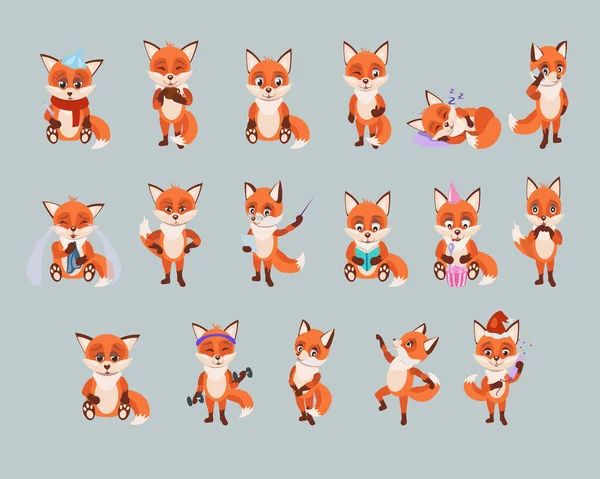 Conjunto de vetores de adesivos engraçados com raposas vermelhas — Vetor de Stock