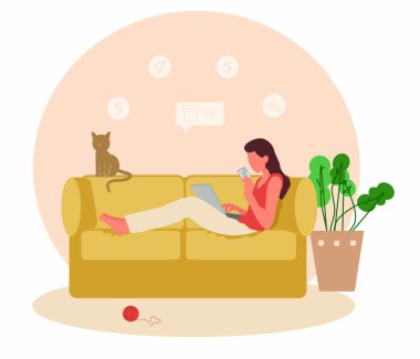 Düz vektör çizimi. Düz vektör çizimi. İnternetten alışveriş yapan kızlar evlerinde kanepede oturmuş yaratıcı afişler yapıyorlar..