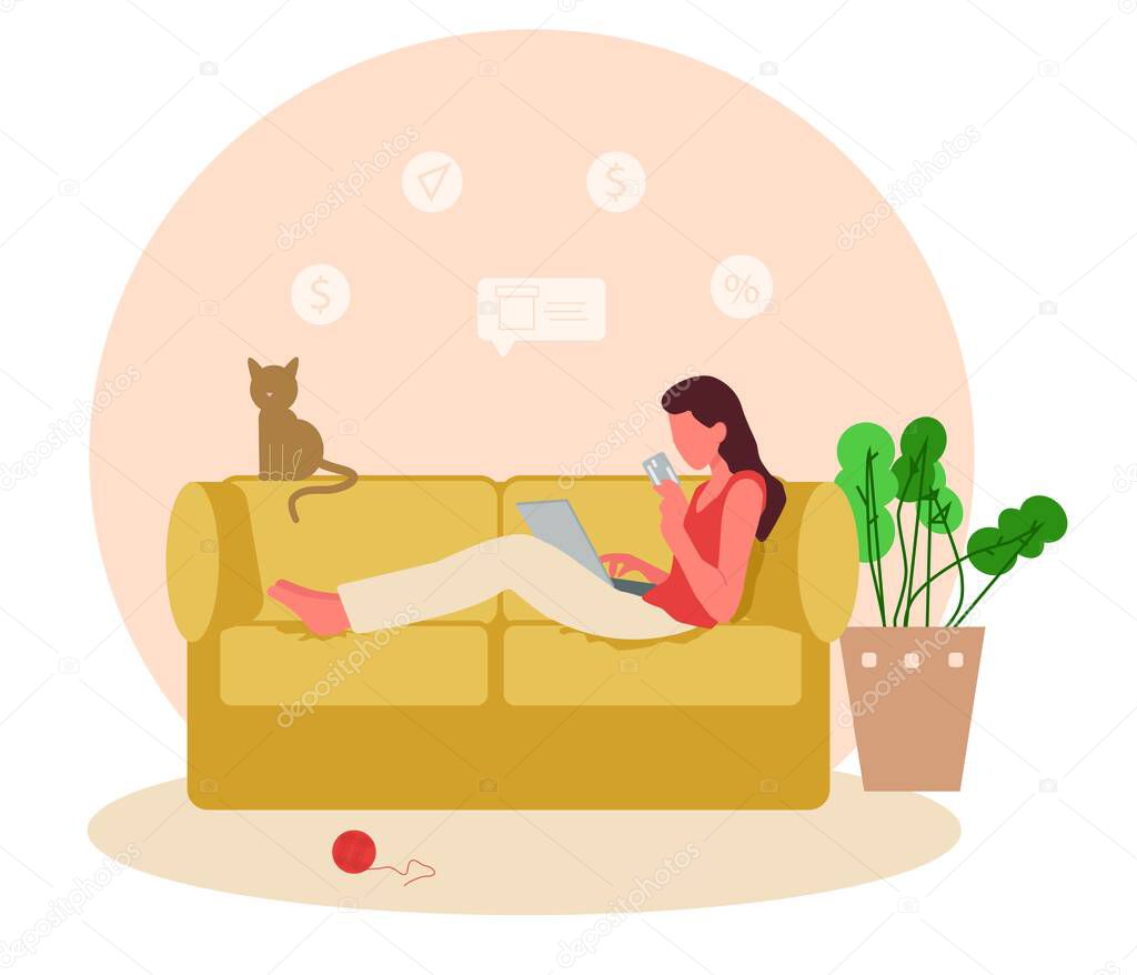 Flat vector concept illustration. Flat vector concept illustration. Girl shopping online sitting at home on sofa Creative banner.