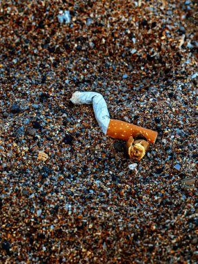 Kumlu bir plaja düşen sigara kötü bir şeydir. Sağlığa zararlı.