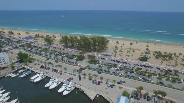 Aerial 4K. Yachts and boats docked in  harbor — Stock Video