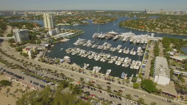 Antenne 4k. Yachten und Boote im Hafen festgemacht — Stockvideo