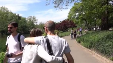 New York'un Central Park'ında bir çift sarılıp yürüyorlar. Stabilize kamera. New York, ABD, 11 Mayıs 2016