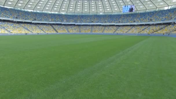 Vliegen boven gras op een kleine hoogte binnen grote moderne leeg stadion — Stockvideo