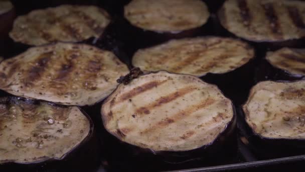 Tir Rapproché Aubergines Cuisson Sur Barbecue Grill Mouvement Lent — Video